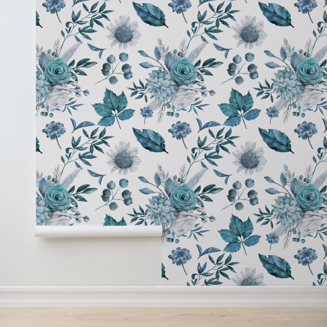 Blauw bloem- en bladpatroon behang (Applicatie)