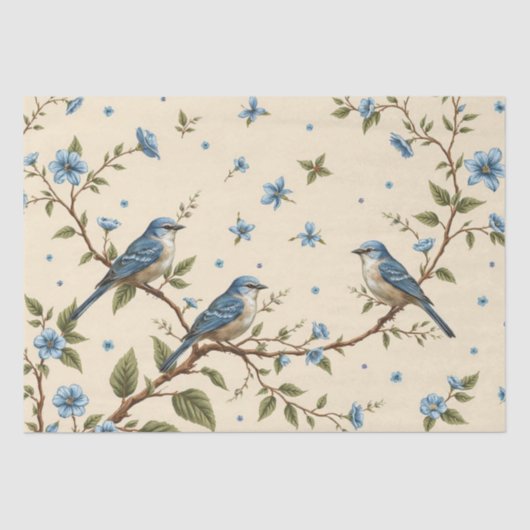 Blauw Bloem- en Vogelontwerp Decoupage Tissuepapier (Voorkant)