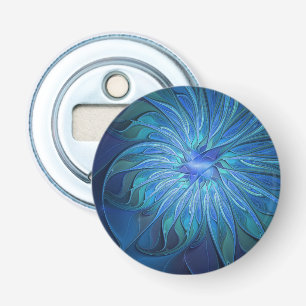 Blauw Bloem Fantasie Patroon, Abstracte Fractale K Button Flesopener