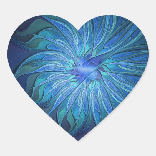Blauw Bloem Fantasie Patroon, Abstracte Fractale K Hart Sticker (Voorkant)