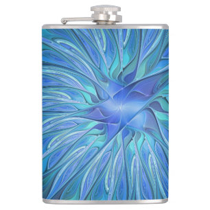 Blauw Bloem Fantasie Patroon, Abstracte Fractale K Heupfles