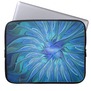 Blauw Bloem Fantasie Patroon, Abstracte Fractale K Laptop Sleeve