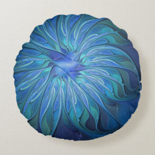 Blauw Bloem Fantasie Patroon, Abstracte Fractale K Rond Kussen
