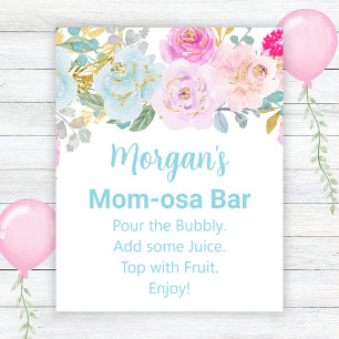 Blauw bloem jongens babyshower Mom-osa bar bord Poster
