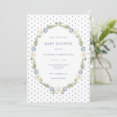 Blauw Bloem Kader Stippen Vintage Uitnodiging (Staand voorkant)