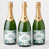 blauw bloem kader verjaardag champagne etiket (Flessen)