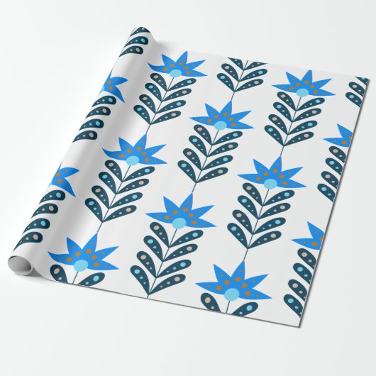 Blauw Bloem Kerstmis Wrapping Papier (Uitgerold)