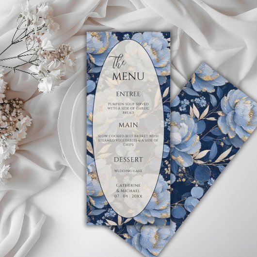 Blauw Bloem Motief Elegante Trouw Menu