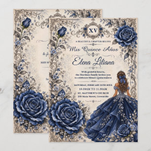 Blauw Bloem Motief Prinses Vintage Quinceañera XV Kaart