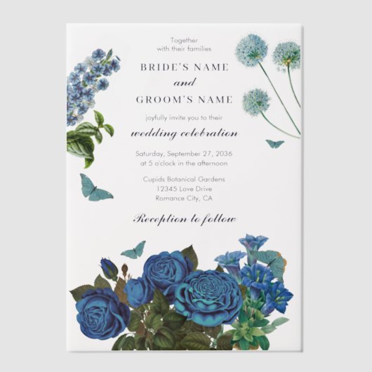 Blauw Bloem Motief Waterverf Elegante Trouw  Vellum Uitnodigingen (Voorkant)