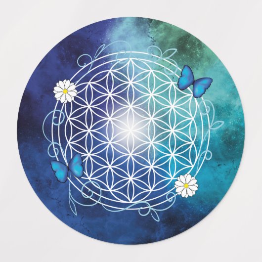 blauw, bloem van het leven, heilige geometrisch, m labels (Design 2)