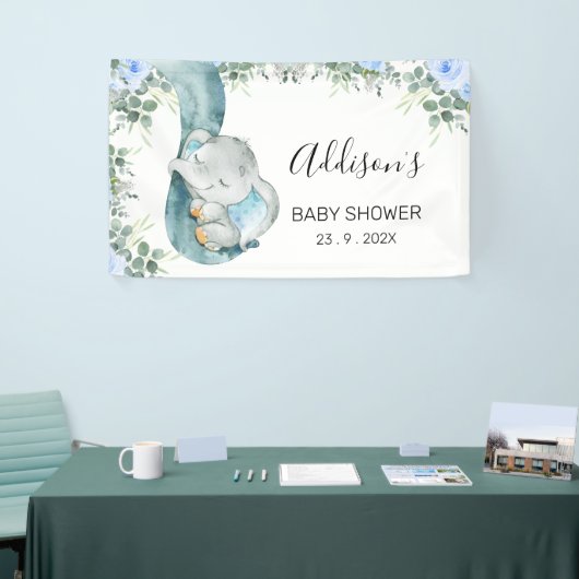 Blauw bloemblaadje Olifant Baby shower Spandoek (Beurs)