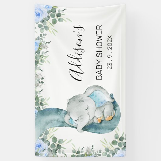 Blauw bloemblaadje Olifant Baby shower Spandoek (Verticaal)