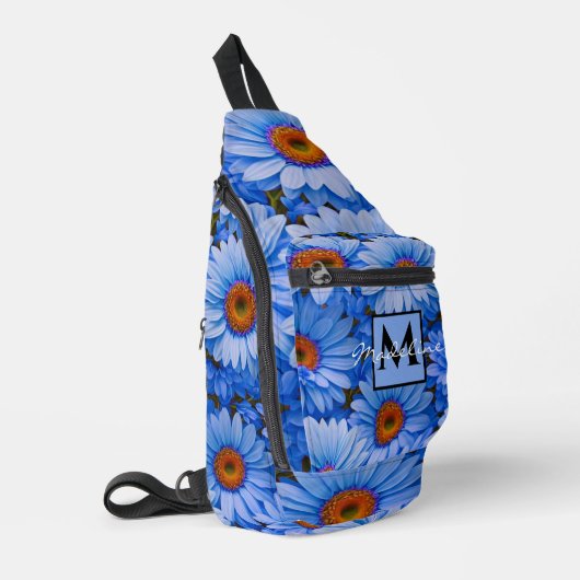 Blauw bloemblauw zonnebloemen blauw madeliefje per sling bag (Linkerhoek)