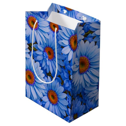 Blauw bloemblauw zonnebloemen blauw madeliefjes pa medium cadeauzakje (Achterkant Gekanteld)