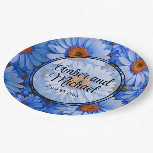 Blauw bloemblauw zonnebloemen blauw madeliefjes pa papieren bordje (Gekanteld)