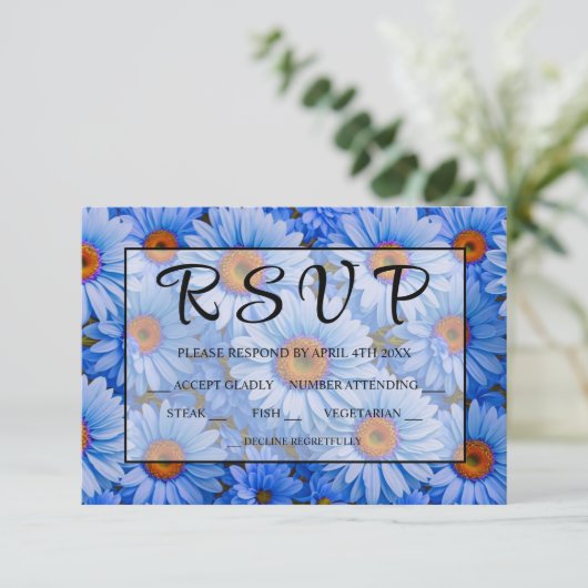 Blauw bloemblauw zonnebloemen blauw madeliefjes pa RSVP kaartje (Staand voorkant)
