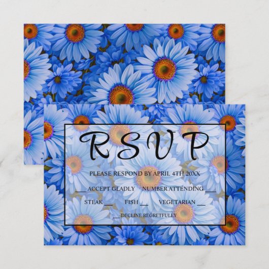 Blauw bloemblauw zonnebloemen blauw madeliefjes pa RSVP kaartje (Voorkant / Achterkant)