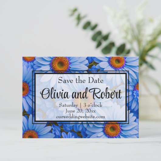 Blauw bloemblauw zonnebloemen blauw madeliefjes pa save the date (Staand voorkant)