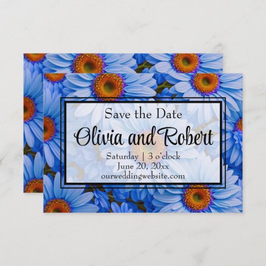 Blauw bloemblauw zonnebloemen blauw madeliefjes pa save the date (Voorkant / Achterkant)