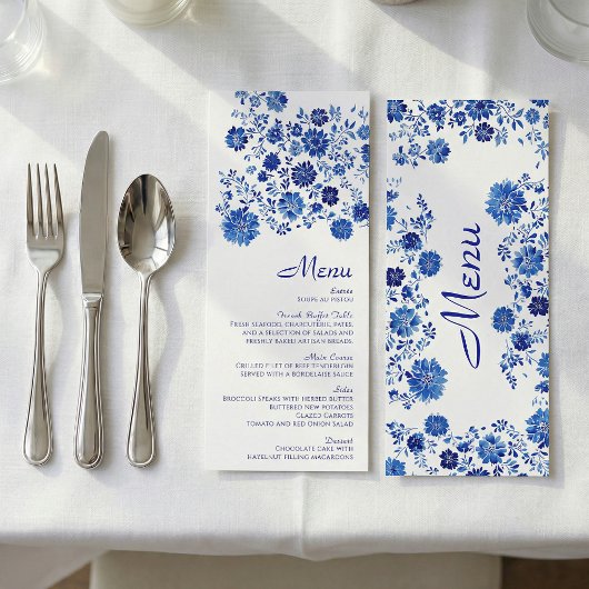 Blauw bloemboeket bruiloft diner menu kaart
