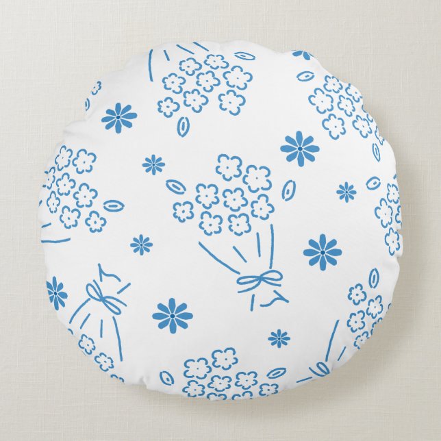Blauw bloemboeket elegant rond kussen (Voorkant)