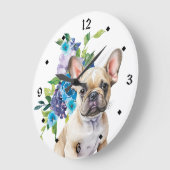 Blauw Bloemboeket Franse Bulldog Grote Klok (Hoek)