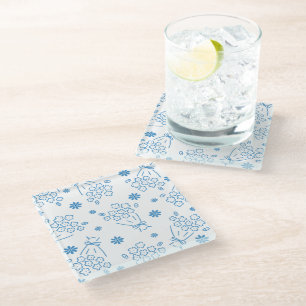 Blauw Bloemboeket Patroon Glazen Onderzetter