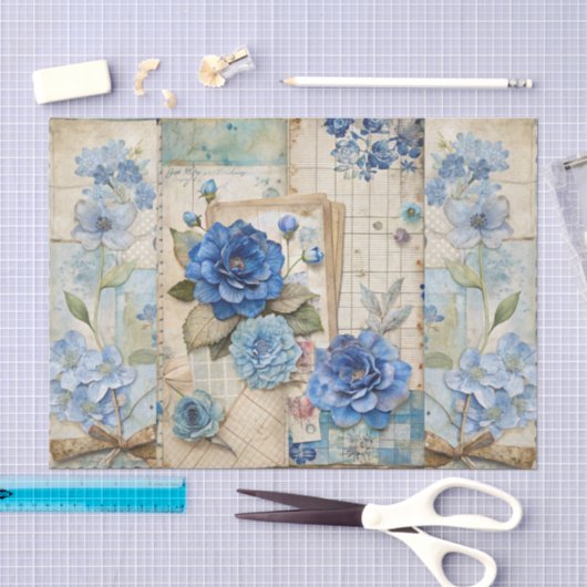 Blauw bloemcollage-schriftboek geïnspireerd op vin tissuepapier (Craft)