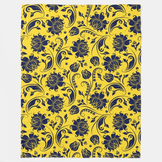 Blauw bloemdamast patroon op geel fleece deken (Voorkant)