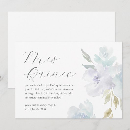  Blauw Bloemen 15 Jaar Verjaardag Quinceañera Kaart (Voorkant / Achterkant)