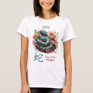 Blauw Bloemen 2025 Chinees Jaar van de Slang T-shirt