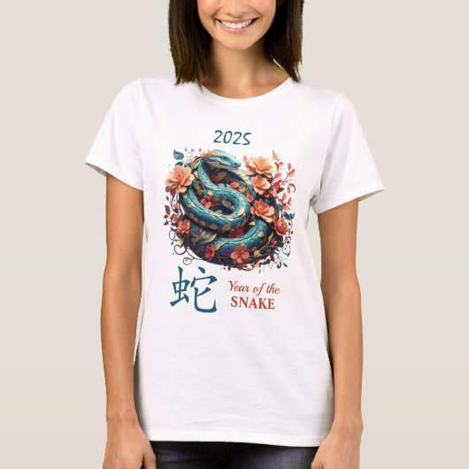 Blauw Bloemen 2025 Chinees Jaar van de Slang T-shirt (Voorkant)