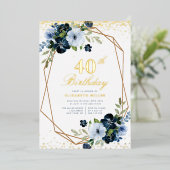 Blauw Bloemen 40e Verjaardagsfeest Goud Folie Uitnodiging (Staand Voorkant)