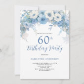 Blauw Bloemen 60ste Verjaardagsfeest Kaart (Voorkant)