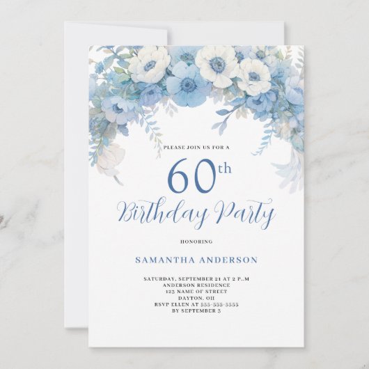 Blauw Bloemen 60ste Verjaardagsfeest Kaart (Voorkant)
