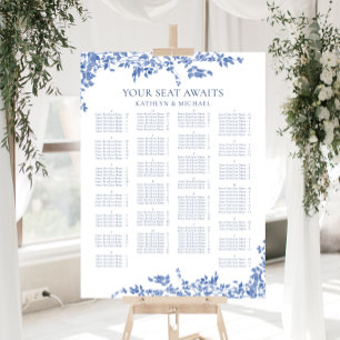 Blauw  Bloemen Alfabetische Bruiloft Zitplaatsen Poster