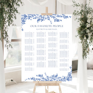 Blauw  Bloemen Alfabetische Bruiloft Zitplaatsen Poster