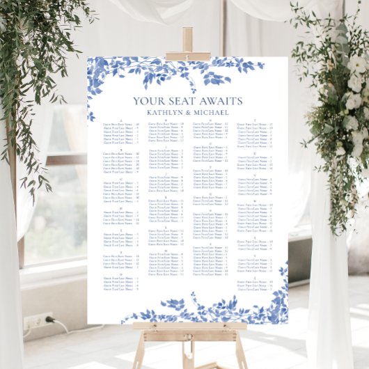 Blauw  Bloemen Alfabetische Bruiloft Zitplaatsen Poster