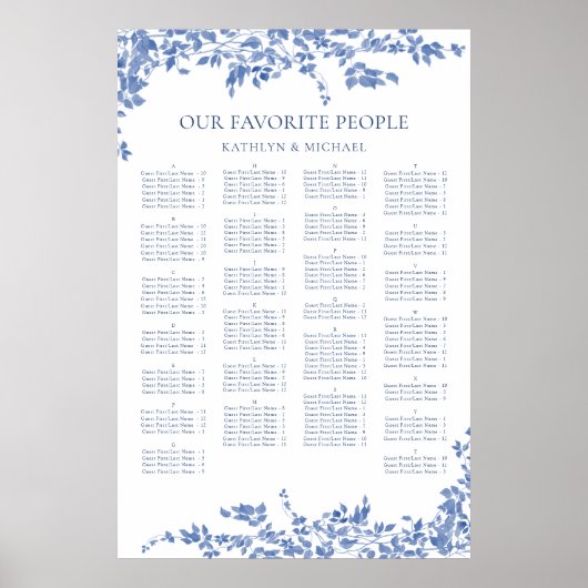 Blauw  Bloemen Alfabetische Bruiloft Zitplaatsen Poster (Voorkant)