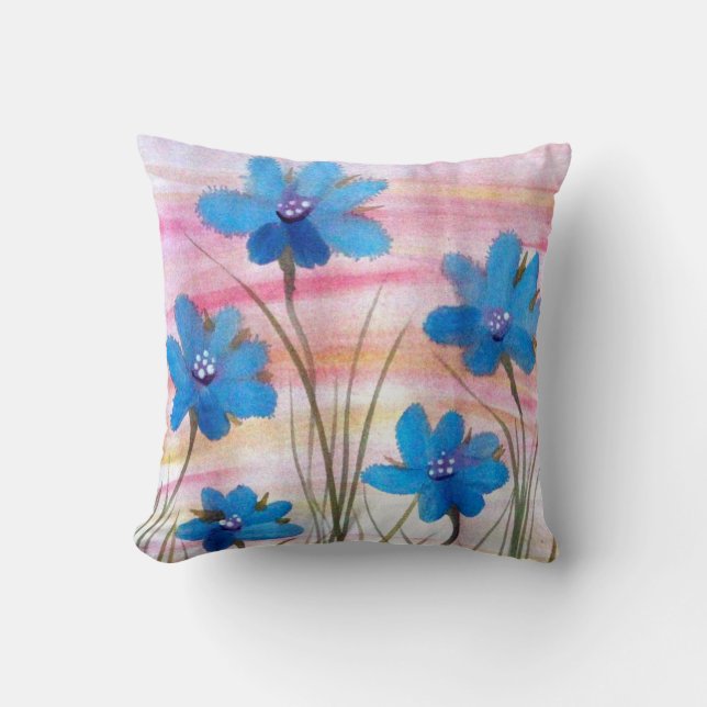 Blauw Bloemen Aquarel Kussen (Voorkant)