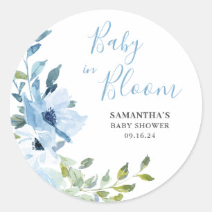 Blauw Bloemen Baby in Bloom Jongensdouche Ronde Sticker