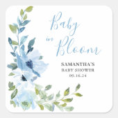Blauw Bloemen Baby in Bloom Shower Vierkante Sticker (Voorkant)