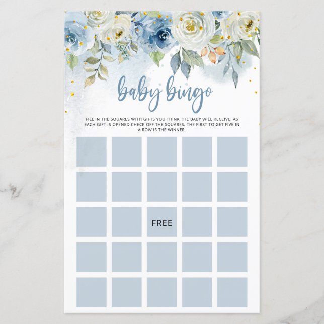 Blauw Bloemen Baby Meisje Bingo Papier Blad (Voorkant)