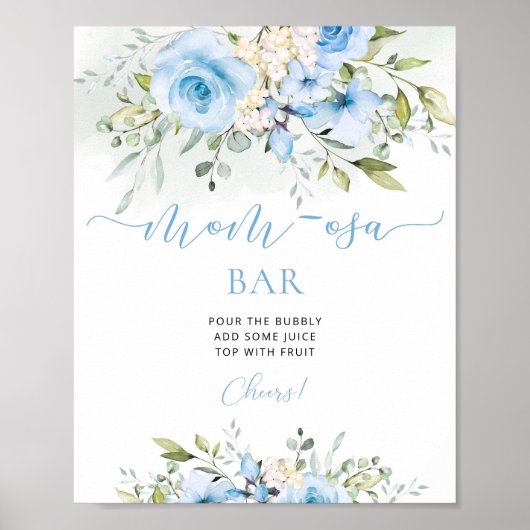 Blauw Bloemen baby shower Mom-osa bar teken Poster (Voorkant)