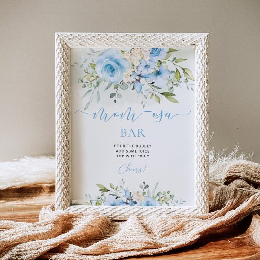 Blauw Bloemen baby shower Mom-osa bar teken Poster