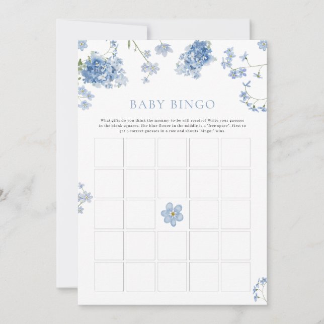 Blauw Bloemen Baby shower Spel Baby Bingo Spel (Voorkant)