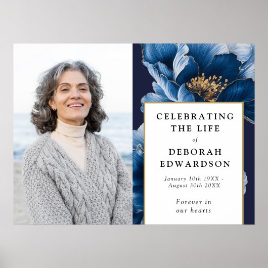 Blauw Bloemen begrafenis viering van het leven Fot Poster (Voorkant)