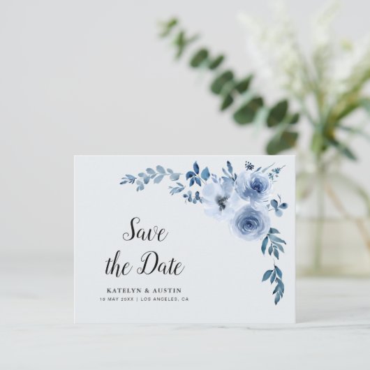 Blauw Bloemen Bewaar de datum Briefkaart (Staand voorkant)