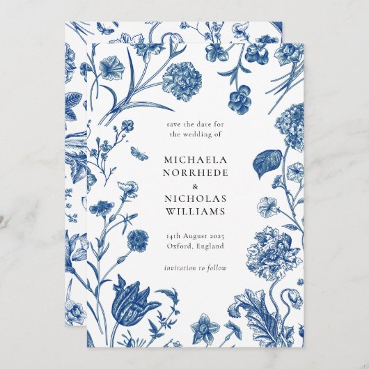 Blauw Bloemen Bewaar de datum Bruiloft Uitnodiging (Voorkant / Achterkant)